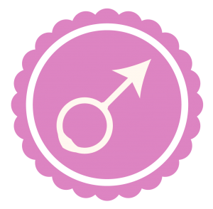 Mars symbol (circle with an arrow jutting out from its right side upward) on a pink badge